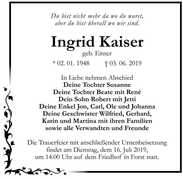 Traueranzeige Ingrid Kaiser, geb. Eitner