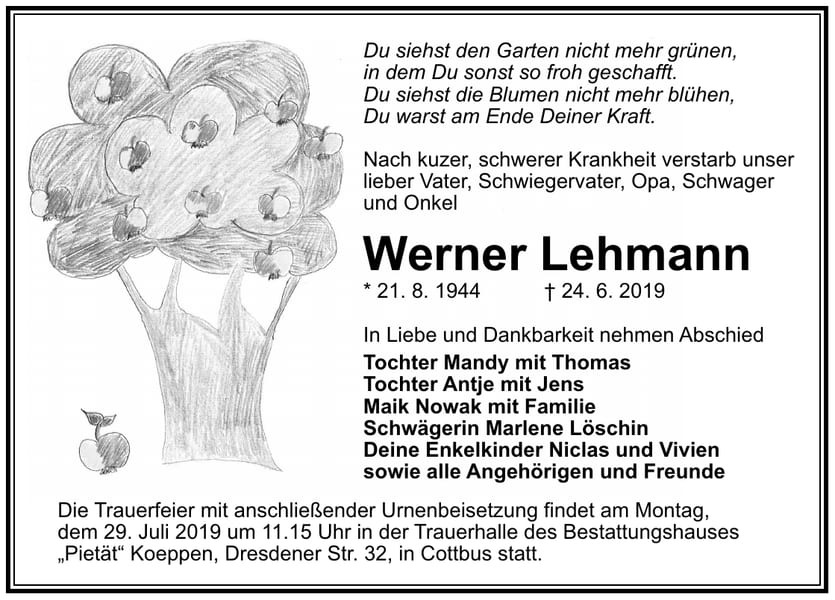 Traueranzeige Werner Lehmann