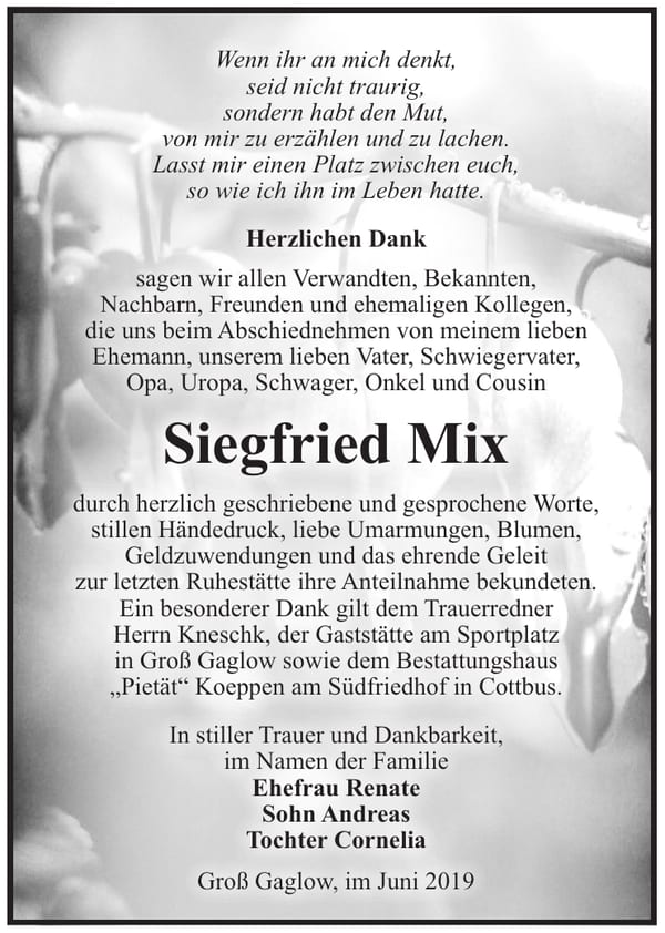 Traueranzeige Siegfried Mix