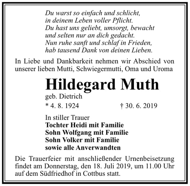 Traueranzeige Hildegard Muth, geb. Dietrich