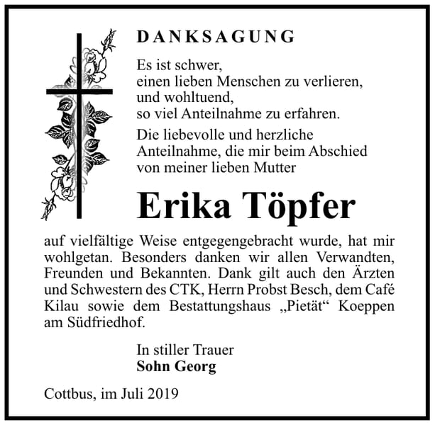Traueranzeige Erika Töpfer