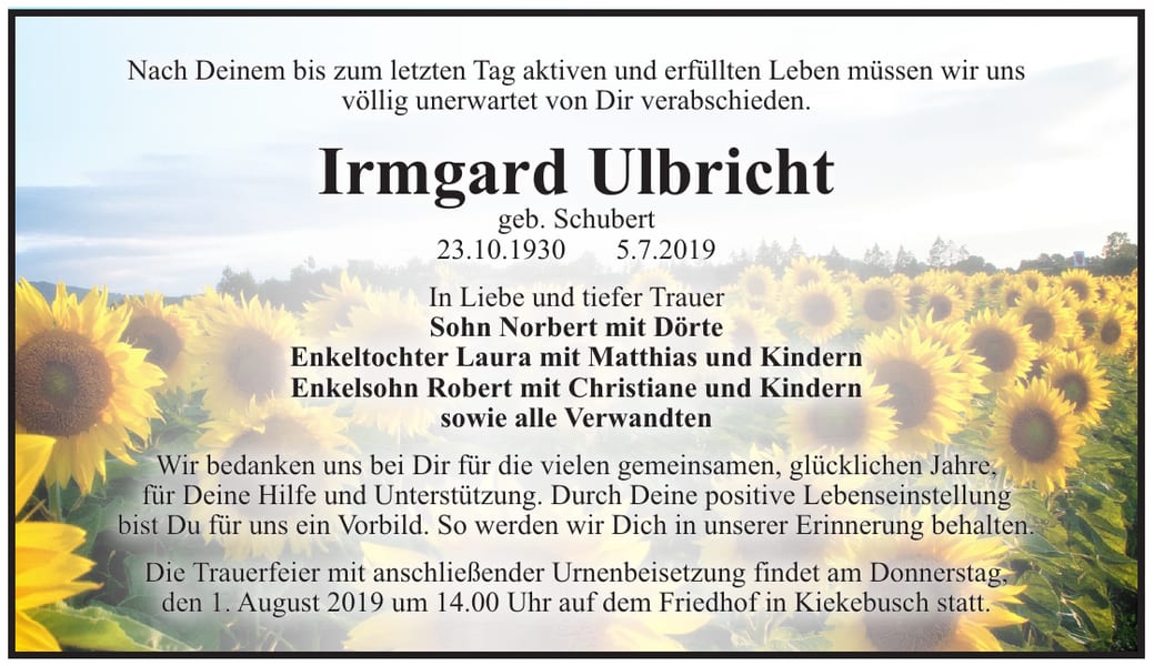 Traueranzeige Irmgard Ulbricht, geb. Schuber