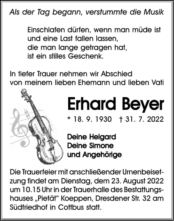 Traueranzeige Erhard Beyer