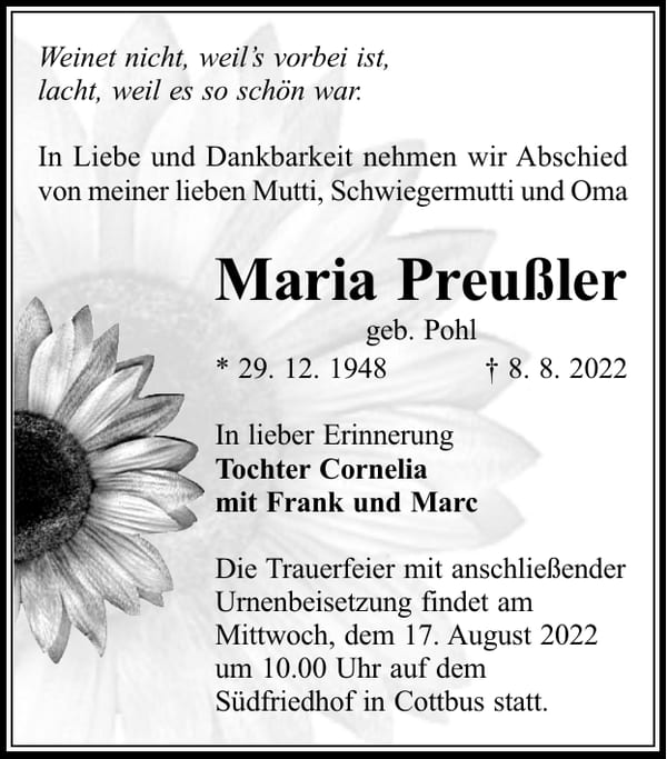 Traueranzeige Maria Preußler, geb. Pohl