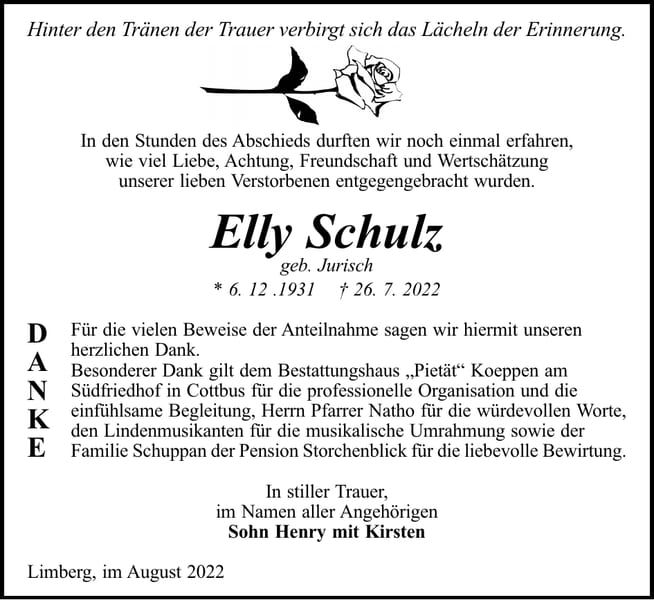 Danksagung Elly Schulz, geb. Jurisch