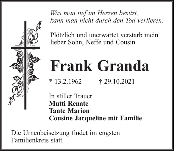 Traueranzeige Frank Granda