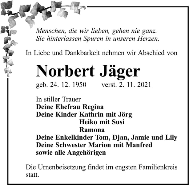 Traueranzeige Norbert Jäger