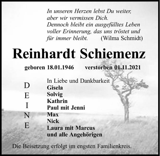 Traueranzeige Reinhardt Schiemenz