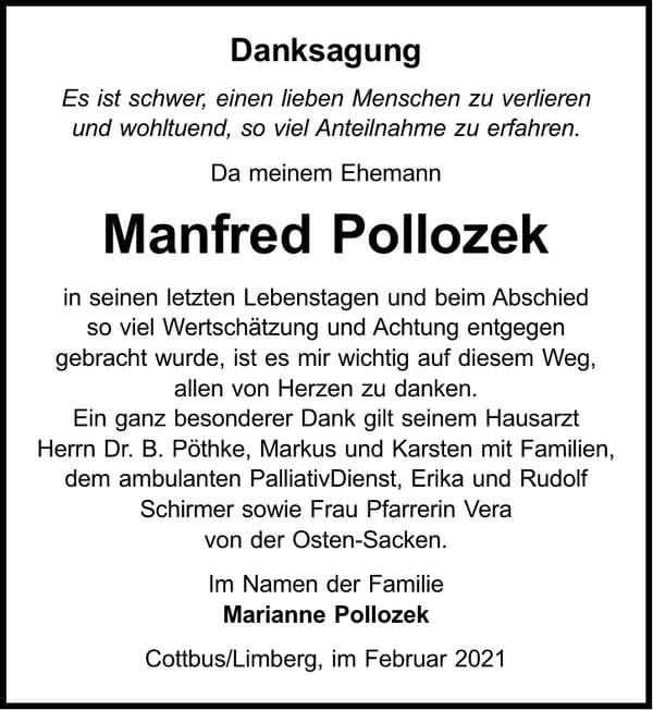 Danksagung Manfred Pollozek