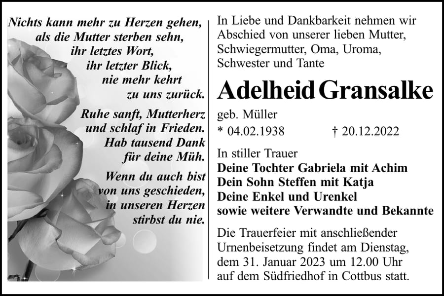 Traueranzeige Adelheid Gransalke, geb. Müller