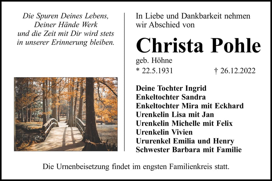 Traueranzeige Christa Pohle, geb. Höhne
