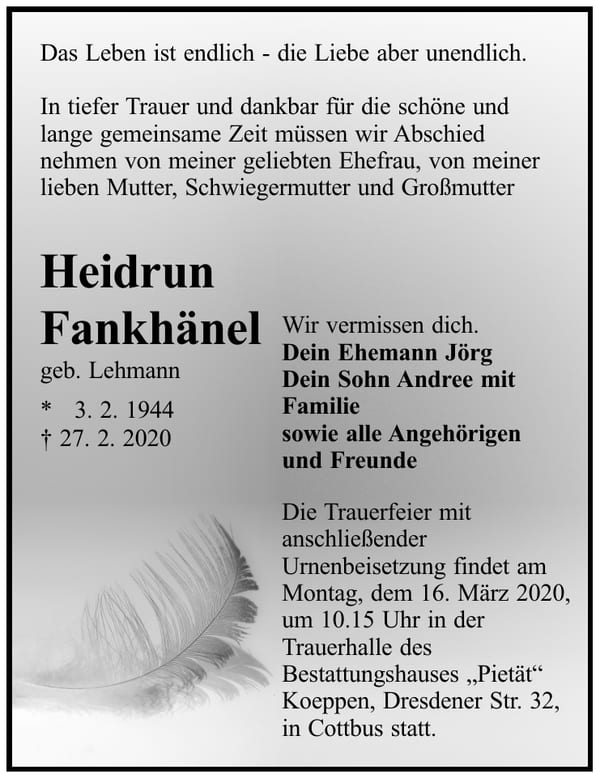 Traueranzeige Heidrun Fankhänel, geb. Lehmann