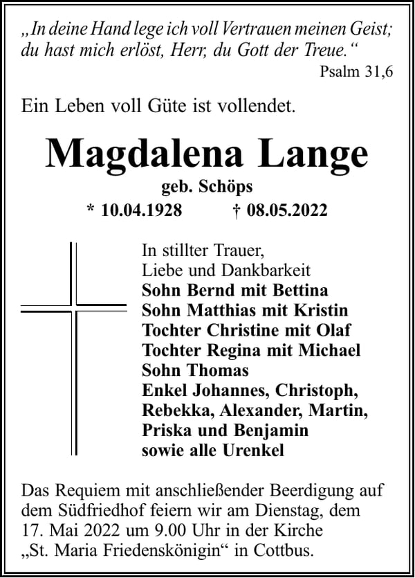 Traueranzeige Magdalena Lange, geb. Schöps