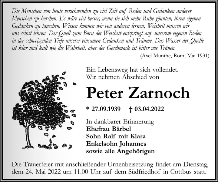 Traueranzeige Peter Zarnoch