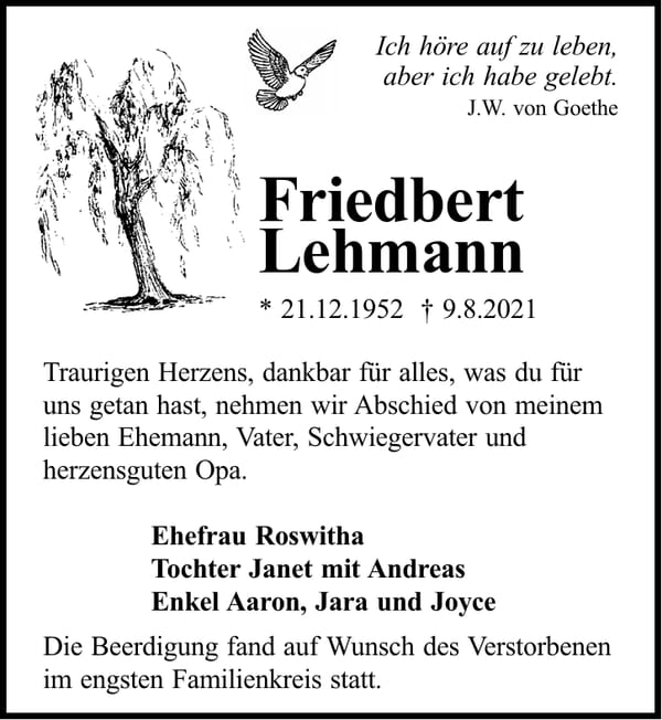 Traueranzeige Friedbert Lehmann