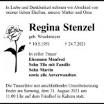 Traueranzeige Regina Stenzel, geb. Wrackmeyer
