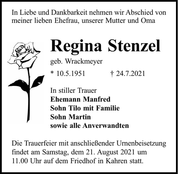 Traueranzeige Regina Stenzel, geb. Wrackmeyer