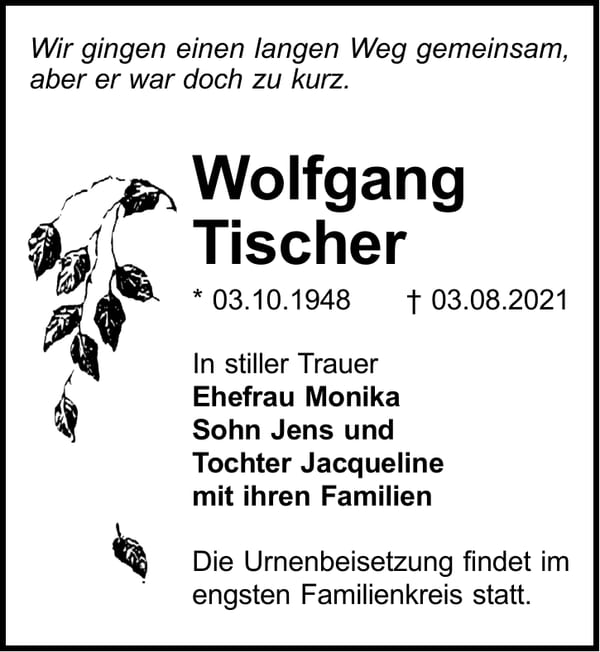 Traueranzeige Wolfgang Tischer