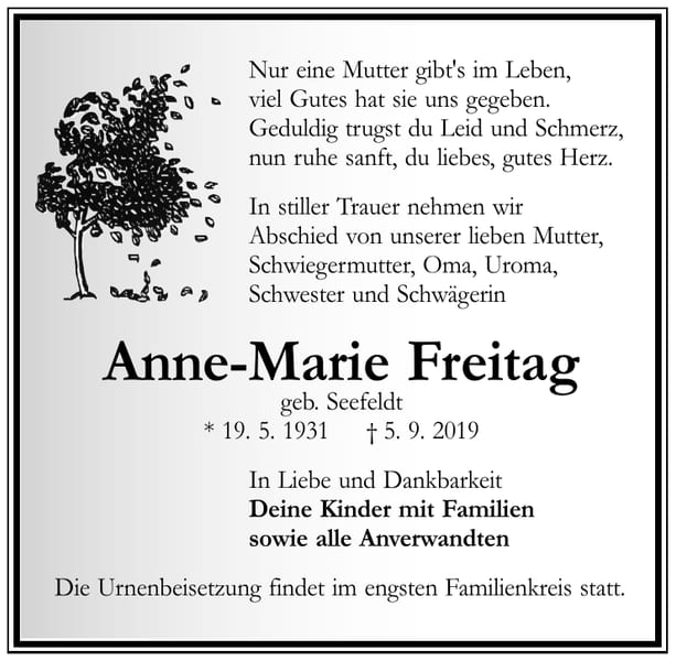 Traueranzeige Anne-Marie Freitag, geb. Seefeldt