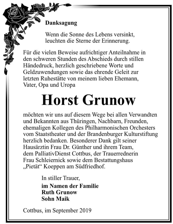 Danksagung Horst Grunow