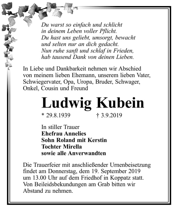 Traueranzeige Ludwig Kubein