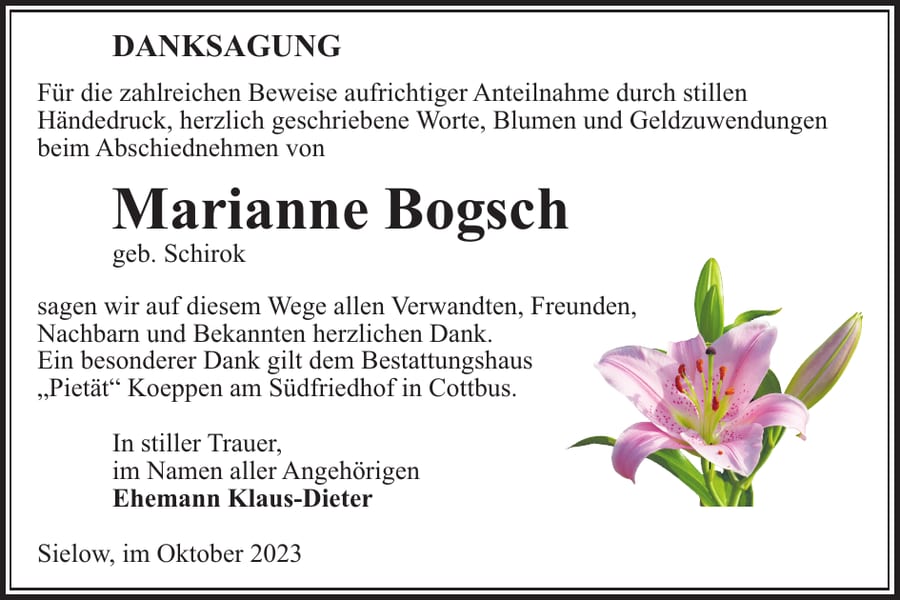 Danksagung Marianne Bogsch, geb. Schirok