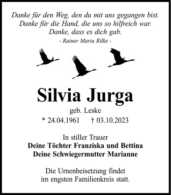 Traueranzeige Silvia Jurga, geb. Leske