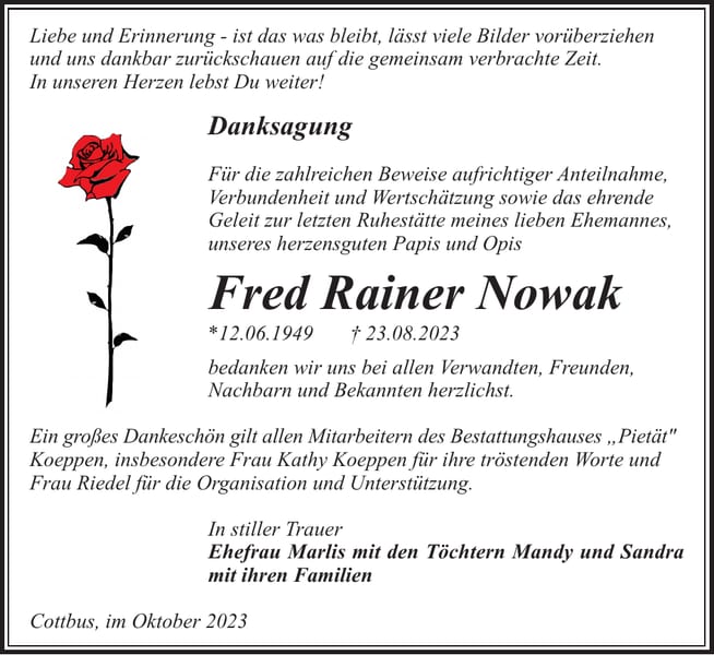 Danksagung Fred Rainer Nowak