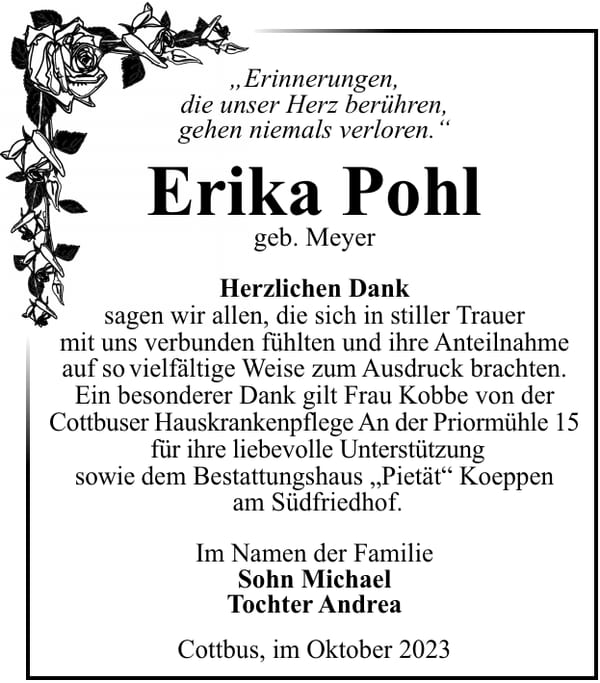 Danksagung Erika Pohl, geb. Meyer