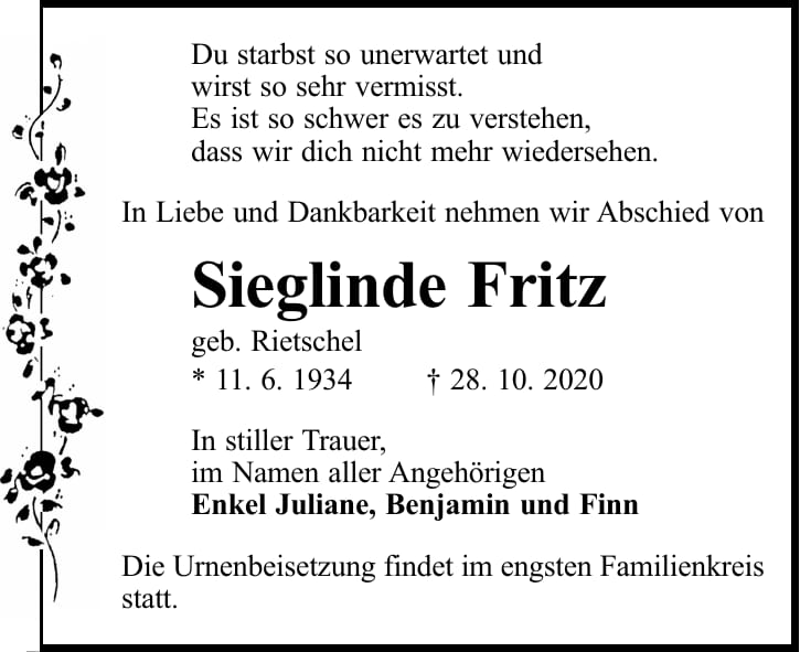 Traueranzeige Sieglinde Fritz, geb. Rietschel