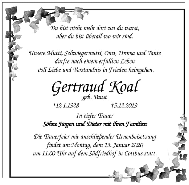 Traueranzeige Gertraud Koal, geb. Paust