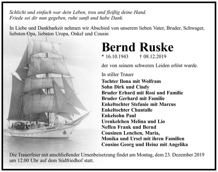 Traueranzeige Bernd Ruske