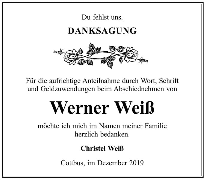 Traueranzeige Werner Weiß
