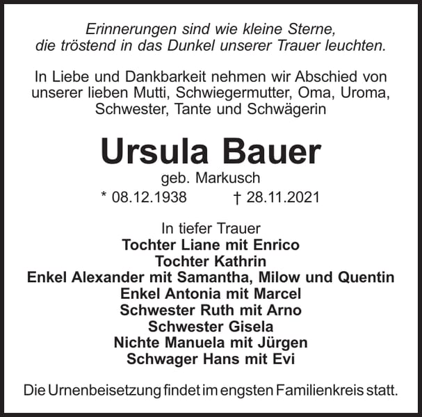 Traueranzeige Ursula Bauer, geb. Markusch