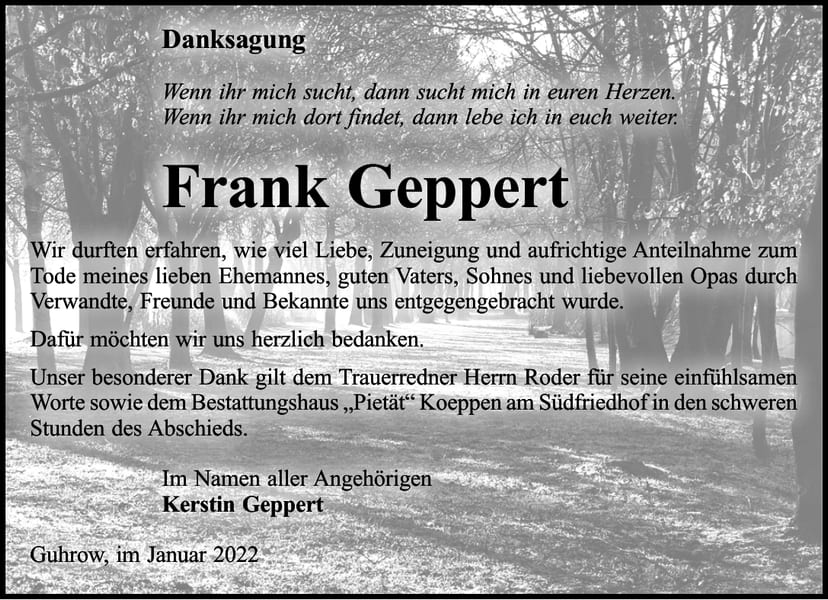 Danksagung Frank Geppert