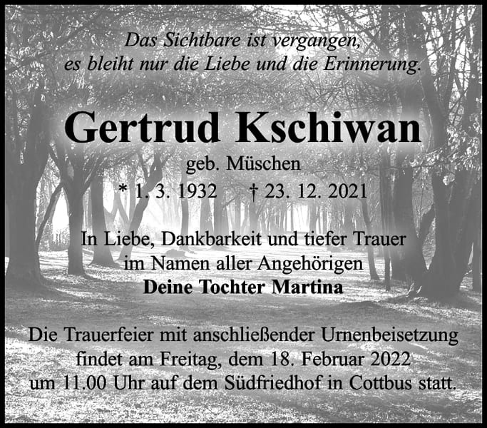 Traueranzeige Gertrud Kschiwan, geb. Müschen