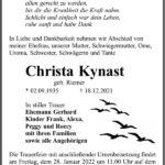 Traueranzeige Christa Kynast, geb. Riemer