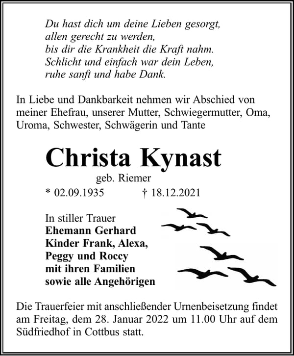 Traueranzeige Christa Kynast, geb. Riemer