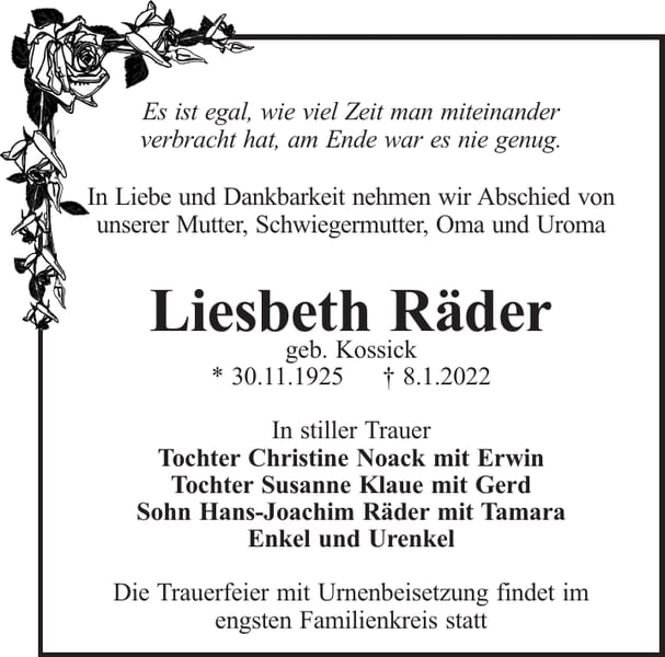 Traueranzeige Liesbeth Räder, geb. Kossick