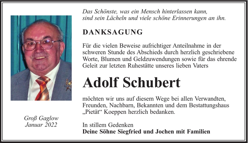 Danksagung Adolf Schubert