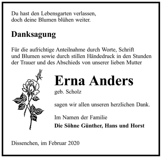 Danksagung Erna Anders, geb. Scholz