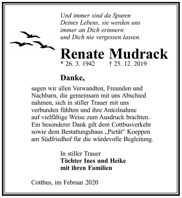 Danksagung Renate Mudrack