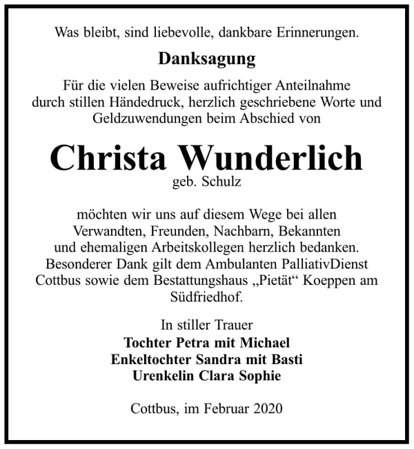 Danksagung Christa Wunderlich, geb. Schulz