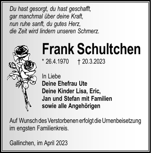 Traueranzeige Frank Schultchen