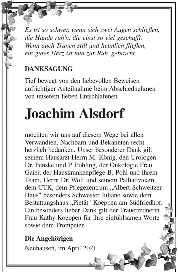 Danksagung Joachim Alsdorf