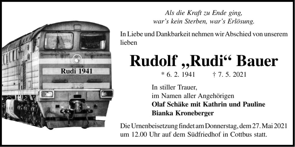 Traueranzeige Rudolf „Rudi“ Bauer