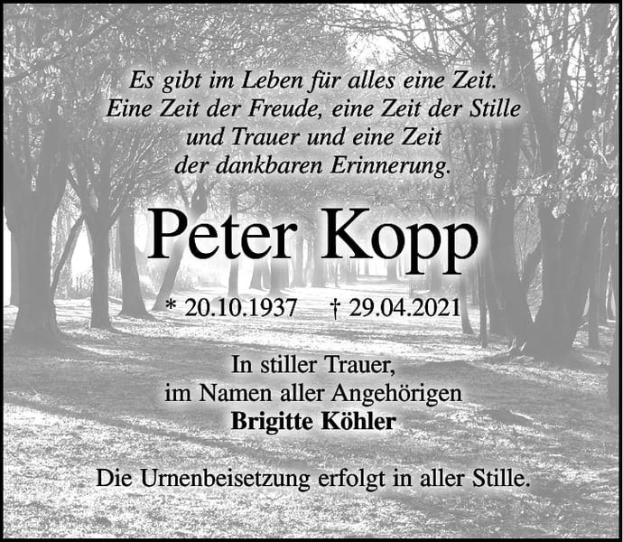 Traueranzeige Peter Kopp