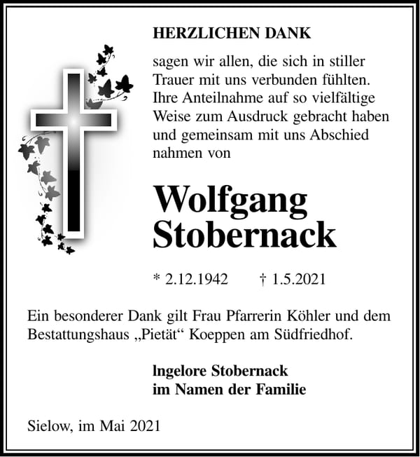 Danksagung Wolfgang Stobernack