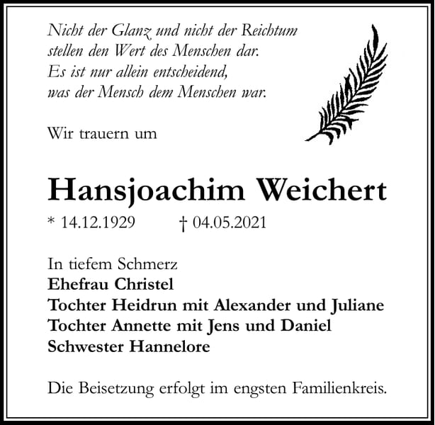Traueranzeige Hansjoachim Weichert