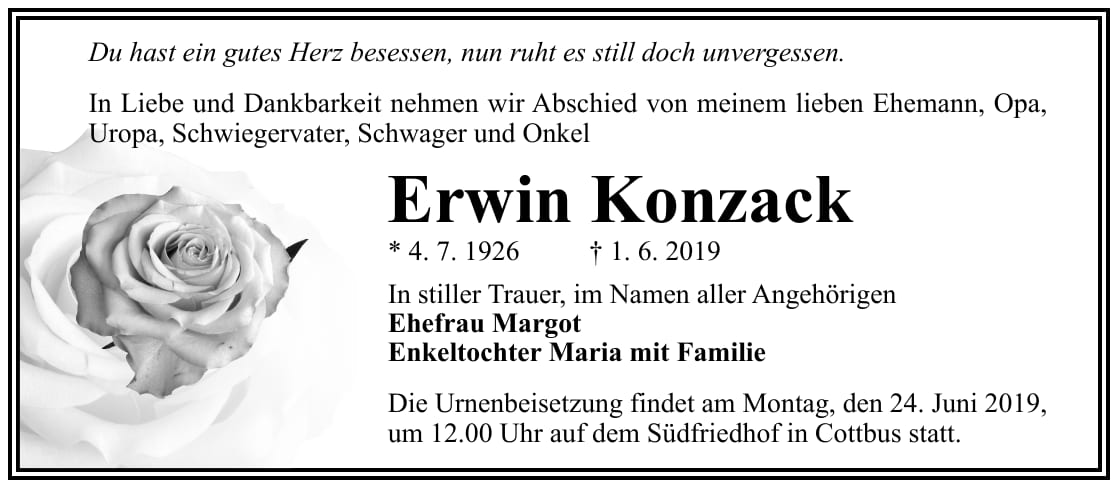 Traueranzeige Erwin Konzack